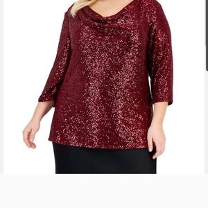 Alex Evenings Red Sequin Cowl Neck Top